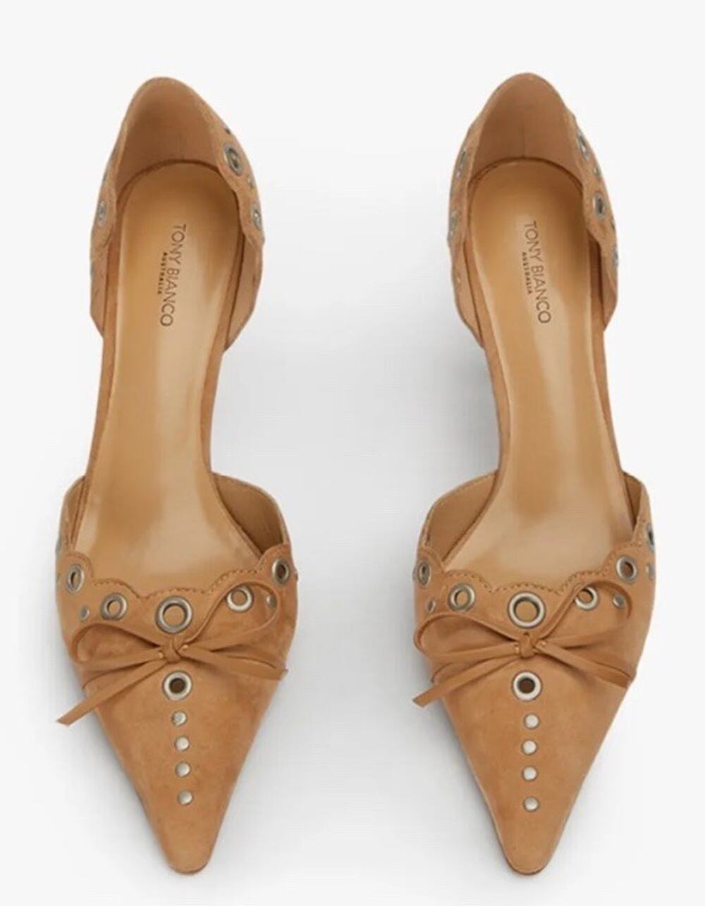 Tony Bianco Safari Heel 7 Butterscotch Suede Grommet Lace Up Pointed Pumps
